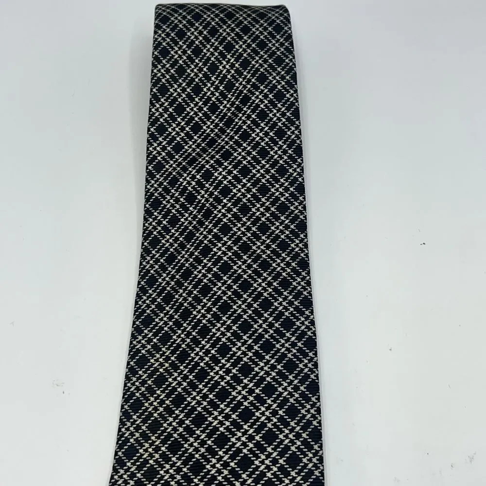 POLO RALPH LAUREN Handmade Midnight Blue and Offwhite Plaid Pattern Silk Tie